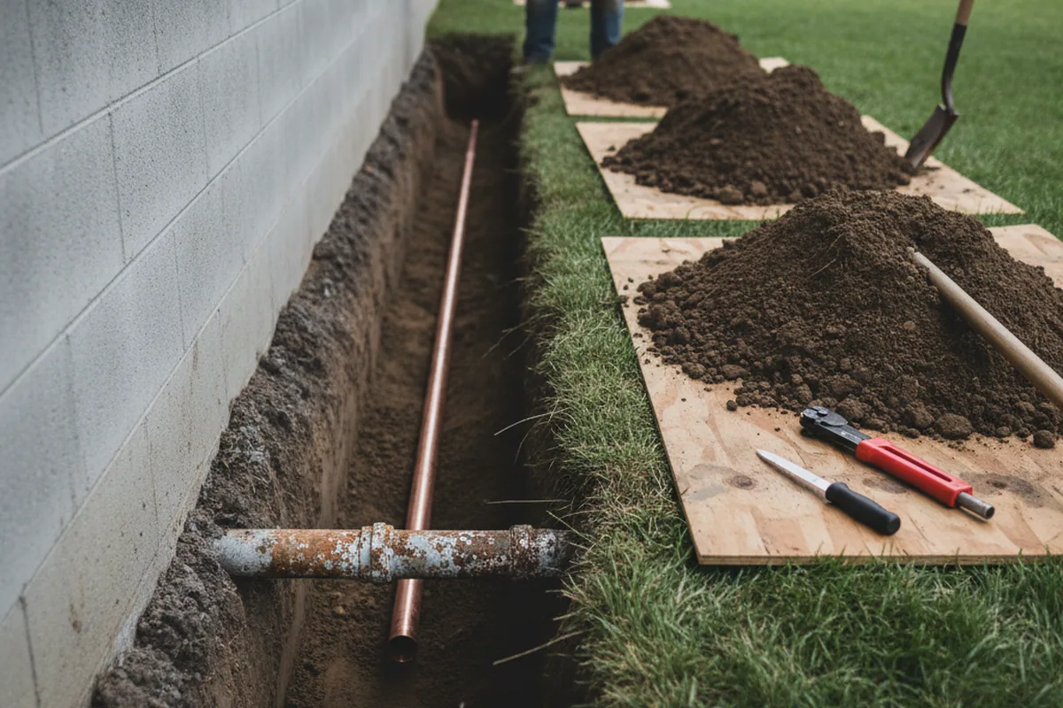 Excavated water line trench during Water Softener Installation in Cub Run